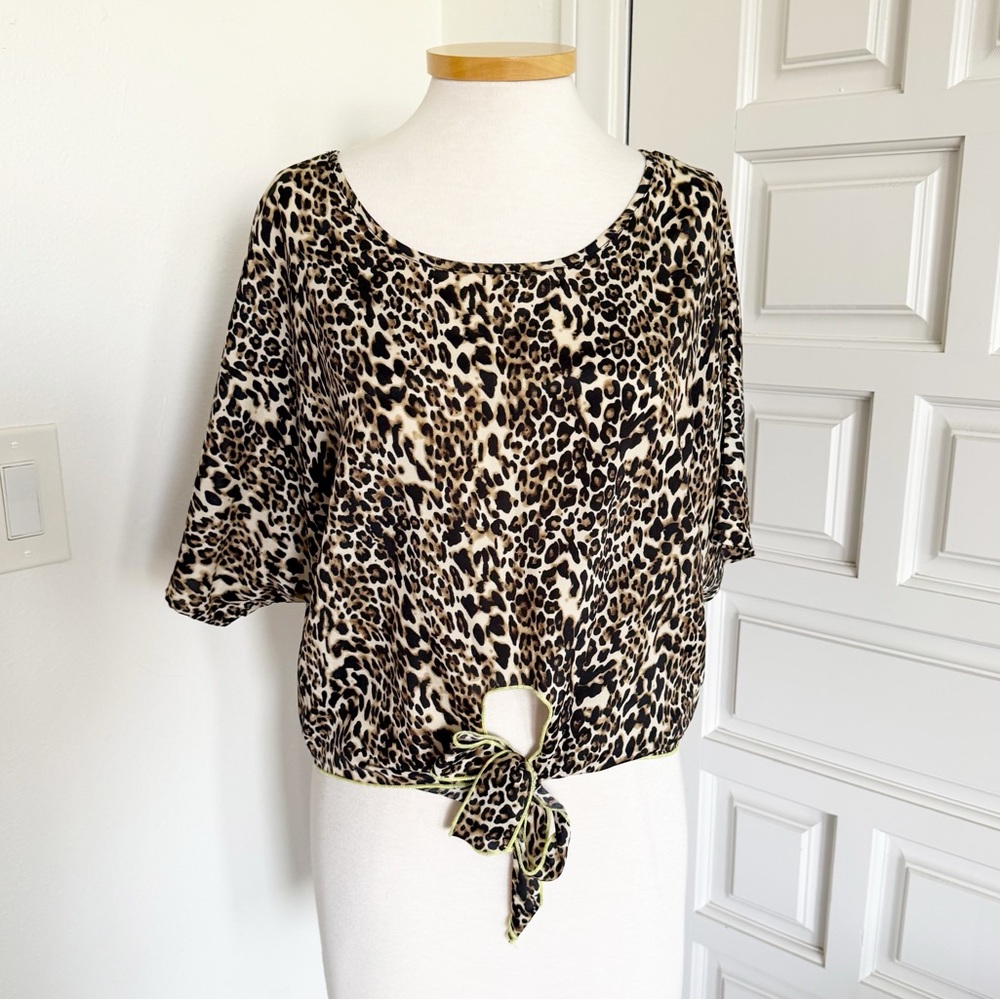Vintage Havana Leopard Animal Print Blouse Top Short Sleeve Tie Front Sz Small